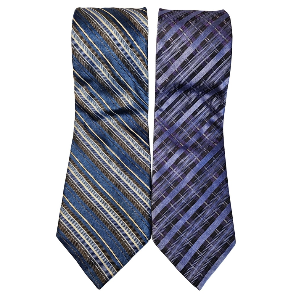 Calvin Klein Mens Silk Tie Lot 2‎ Striped Plaid Blue Purple Neckties